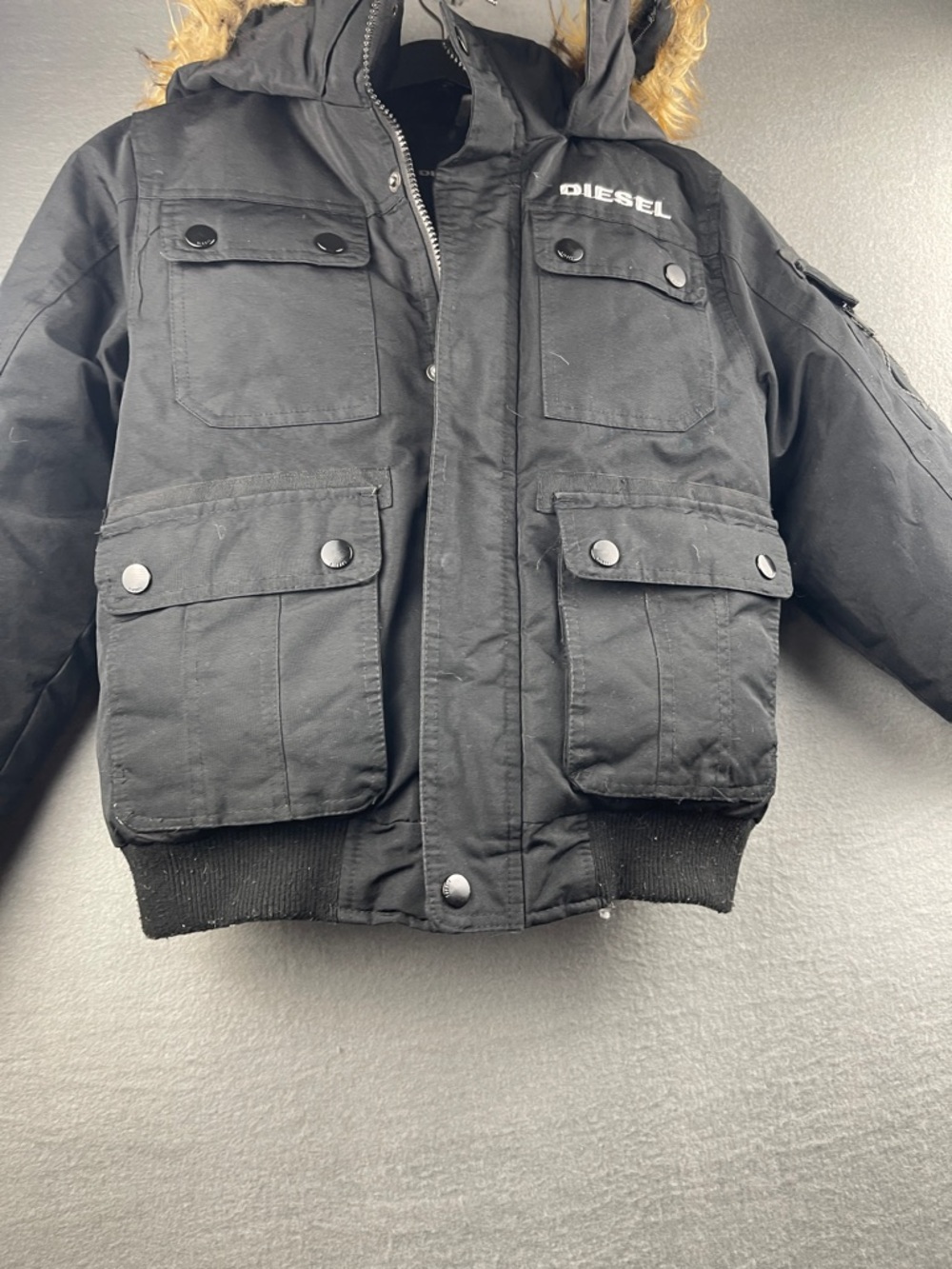 Diesel Black Hooded Military Field Jacket with Faux-Fur Trim